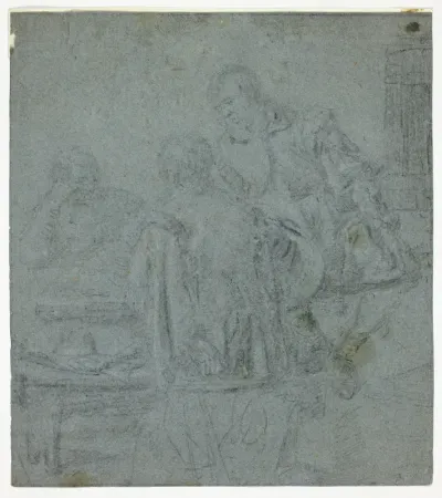 Three Men Seated at Table (recto); Woman Being Crowned by Female Attendant (verso)