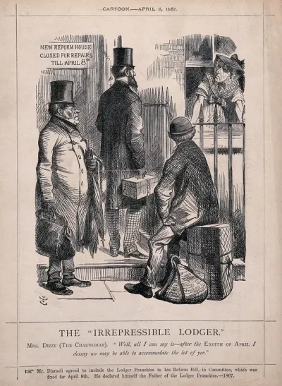 Three men seeking lodgings standing on the doorstep of a house where the charwoman (Benjamin Disraeli) addresses them from the window; representing the enfranchisement of lodgers