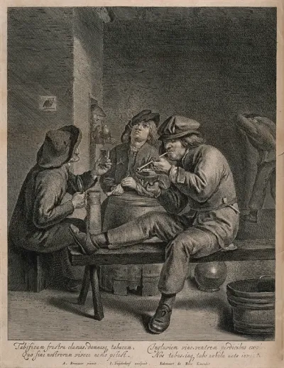 Three men sit smoking and drinking at a barrel-table