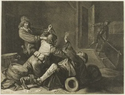 Three Men Struggling in an Interior