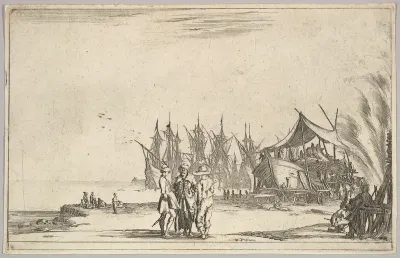 Three men wearing hats standing in center, men fixing a ship to right, five ships and various figures in center background, from "Set of eight nautical landscapes" (Suite de huit Marines)