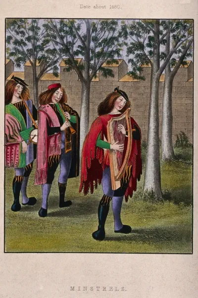 Three minstrels are playing their instruments as they walk among trees