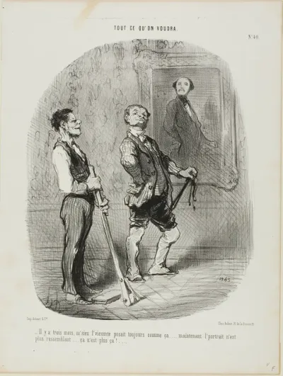 “- Three months ago, the Count sat model like that.... nowadays there is no more similarity..... everything seems to be wrong,” plate 40 from Tout Ce Qu'on Voudra