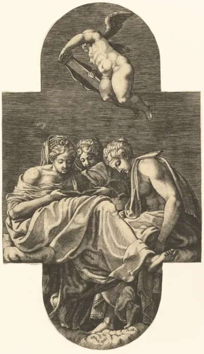 Three Muses and a putto above with a lyre, from a series of eight compositions after Francesco Primaticcio's designs for the ceiling of the Ulysses Gallery (destroyed 1738-39) at Fontainebleau