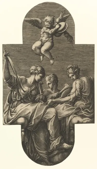 Three Muses and a Putto with Cymbals,  from a series of eight compositions after Francesco Primaticcio's designs for the ceiling of the Ulysses Gallery (destroyed 1738-39) at Fontainebleau