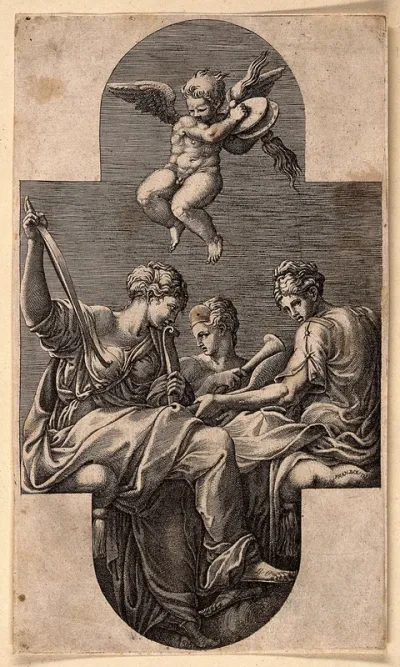 Three muses. Engraving by G. Ghisi after F. Primaticcio