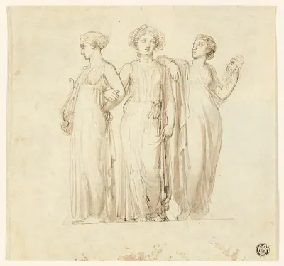 Three Muses (recto); Study of Knight and Monk for an Illustration in a Gothic Novel (verso)
