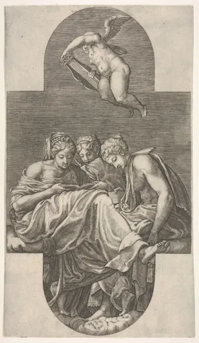 Three Muses seated below a flying putto who grasps a lyre with both hands, a cruciform composition, from a series of eight compositions after Francesco Primaticcio's designs for the ceiling of the Gallery of Ulysses (destroyed 1738-39) at Fontaineble