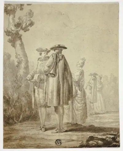 Three Musicians and Two Ladies in Outdoor Setting