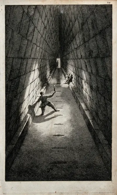 Three Netherlandish travellers with torches inside the Great Pyramid