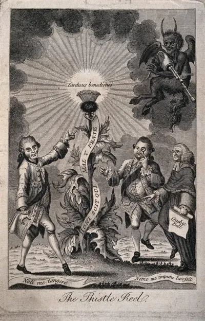 Three noblemen dance round a tall thistle as the devil plays the bagpipes; representing Scottish influence on the British policy towards American independence
