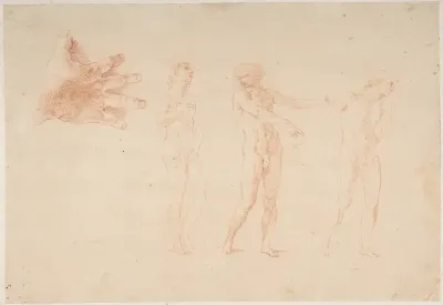 Three Nude Male Figures; Study of the Right Hand of the Figure on the Left