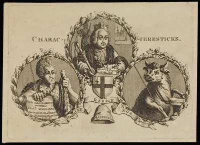 Three officers in the City of London Corporation holding different types of sticks ("characteresticks"): Lord Mayor Crosby with a scourge for wheat-speculators; John Wilkes with a Herculean club for defeating corruption; and and a bull representing F