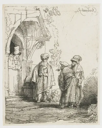 Three oriental figures (Jacob and Laban?)