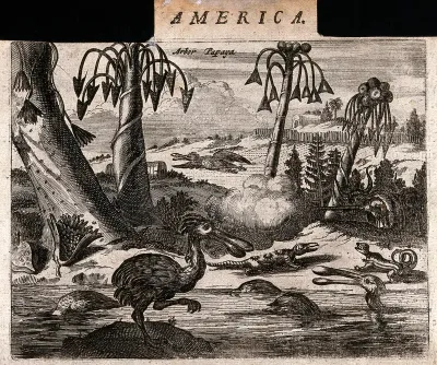 Three papaya trees (Carica papaya) with lizards, dodos and a man hunting in an exotic, tropical landscape