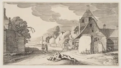 Three Peasants Resting at a Crossroad in a Village, from Landscapes (Playsante Lantschappen)