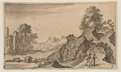 Three Pedestrians on a Wooden Bridge across a Stream, from Twelve Landscapes
