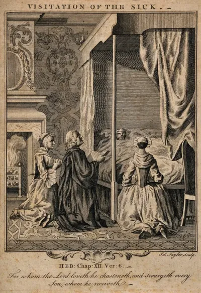 Three people praying around the bed of a sick man, one is a priest