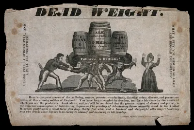 Three poor men burdened with barrels of alcohol, being freed by a man from the Temperance Society, while a woman looks on