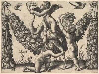Three putti before a large garland, the one in the middle rides an ostrich, from a series of tapestries made for Leo X