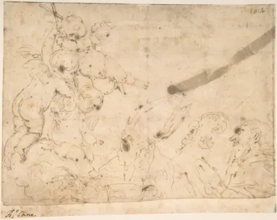 Three Putti Holding Cross Before Two Male Saints