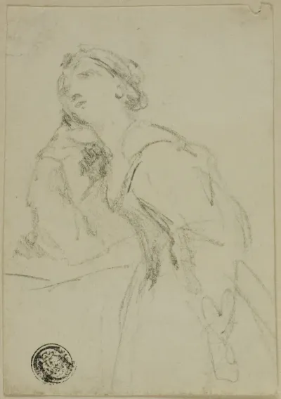 Three-Quarter Length Sketch of Woman in Evening Dress Leaning Head on Right Hand