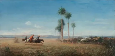 Three Riders Galopping across a Plain in Venezuela