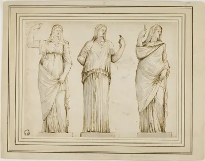Three Roman Statues of Draped Female Figures and Sketch of Another Statue in Profile to Right