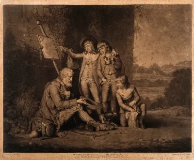 Three schoolboys giving charity to a blind beggar