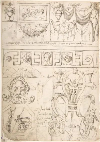 Three sections; uppermost with a Term and garlands; middle section geometric band; bottom section grotesques and strapwork (recto); Term with a marine creature and putto (verso)
