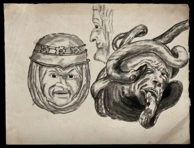 Three sketches of grotesque heads from misericords