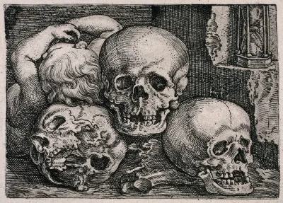 Three skulls are piled up to form a pyramidal composition on which a dead child partly lies