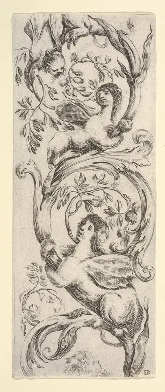 Three sphinxes climbing a vine, from "Ornaments or Grotesques" (Ornamenti o Grottesche)