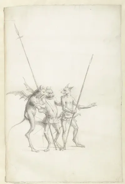 Three Standing Demonic Creatures, Two with a Spear