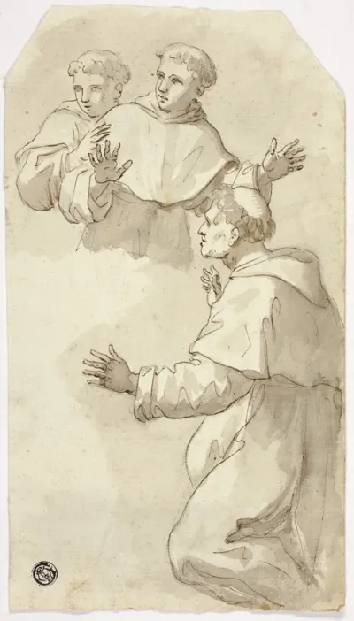 Three Startled Monks, One Kneeling, Two Standing