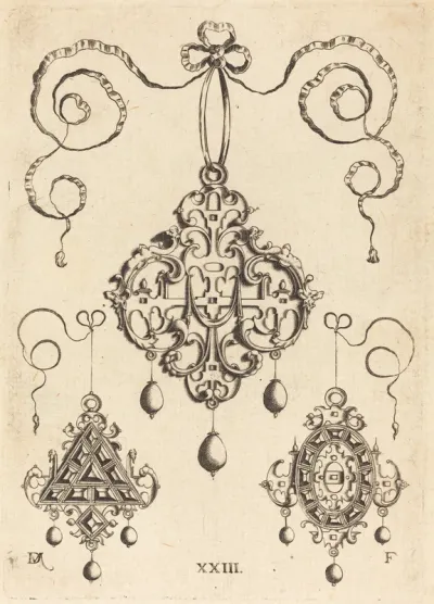 Three Strapwork Pendants, The Lower Ones Triangular and Oval