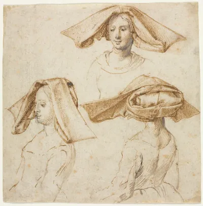 Three Studies of a Woman Wearing an Elaborate Headdress
