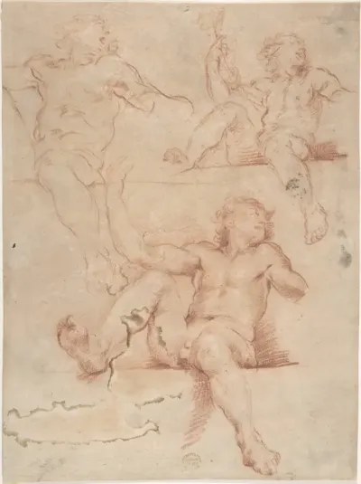 Three Studies of Seated Nude Male with Raised Arm, Seen from Below