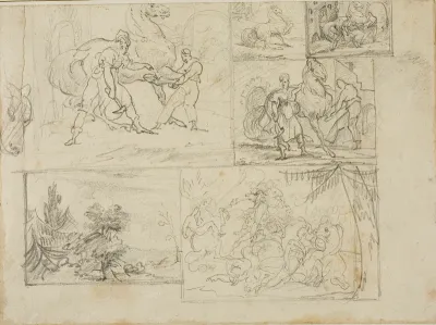 Three Studies with Sketches of a Wooded Landscape and a Cavalry Battle