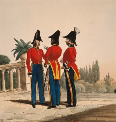 Three uniformed German army officers conversing on a balcony in Holstein
