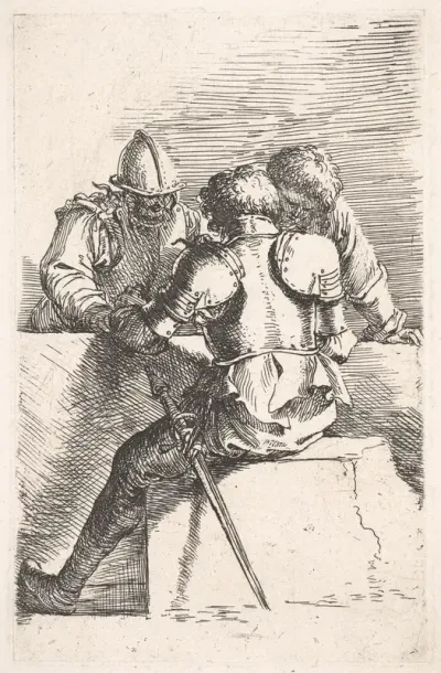 Three warriors conversing at a low wall, one with his back turned, from "Figurine"