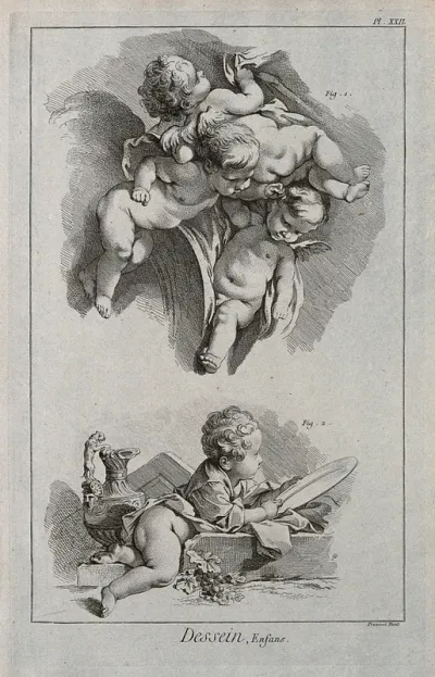 Three winged boys floating above a reclining boy who holds a platter, with a ewer beside him