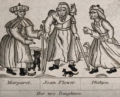 Three witches with a cat, a dog and a bird