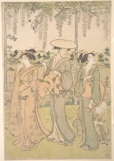 Three Women and a Small Boy beneath a Wisteria Arbor on the Bank of a Stream