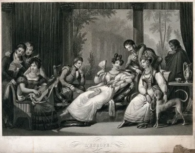 Three women and five men gathered in a room which opens up to classical architecture, the group on the left is making music while the others are engaged in conversation; representing the continent of Europe