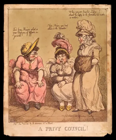 Three women having a discussion in a latrine
