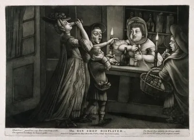 Three women in a gin shop divert the landlady's attention while a match boy steals her money