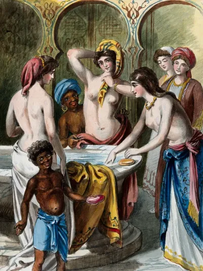 Three women in a harem at their ablutions