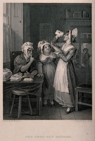 Three women in a post office, curious about a local resident, surreptitiously read a sealed letter addressed to him