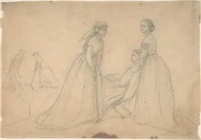 Three women in conversation beside a croquet field (recto); Studies of a ballet dancer, a woman's profile, and a seated woman (verso)